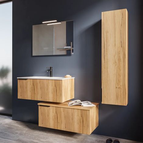 Meuble de salle de bain suspendu modulaire cannelé 90 cm chêne clair deux tiroirs avec lavabo et colonne Fuji (1/3)