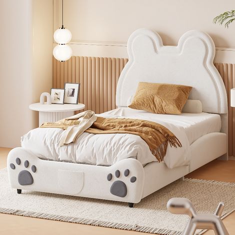 Lit enfant 90x200 cm forme ours avec tête de lit capitonnée, lit simple velours blanc (1/5)