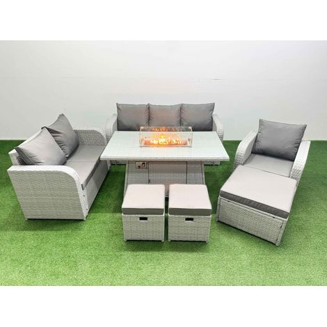 Fimous Patio PE Wicker 9 Seater Outdoor Rattan Furniture Sofa Sets with Firepit Dining Table Reclining Chair Loveseat Sofa 3 Seater Sofa Stool Light Grey (1/4)