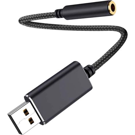 Adaptateur Audio USB - Adaptateur USB vers Jack 3,5 mm - Carte Son Externe avec Prise Casque et Microphone - Noir - 20 cm