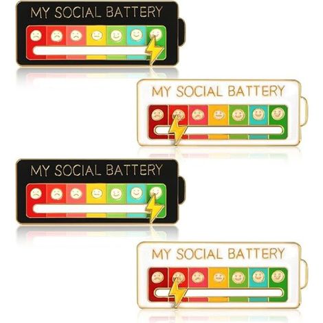 Pin's Ma Batterie Sociale, 4 Pin's Ma Batterie Sociale, Pin's Émaillés Interactifs, Pin's Émotionnels Créatifs (Blanc + Noir) (1/5)
