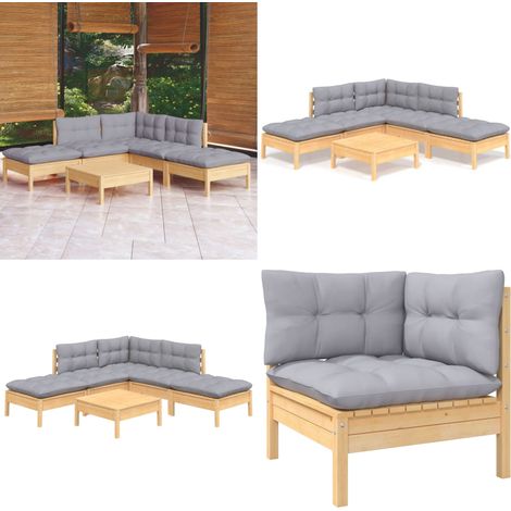 6-tlg. Garten-Lounge-Set mit Grauen Kissen Kiefernholz - Garten Lounge Set - Kiefernholz Möbel - Outdoor Möbel - Loungemöbel - Gartenmöbel Set - Home & Living (1/5)