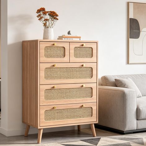 Commode à six tiroirs – Commode en rotin de style nordique – Commode moderne et minimaliste à six tiroirs – Rotin naturel et bois clair (1/5)