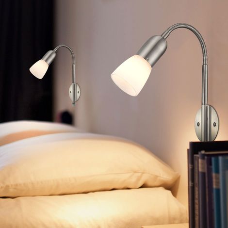 Wandleuchte Leselampe Wandlampe Flexo Schlafzimmer Bett mit Kabel, Spot beweglich, Metall Nickel Glas weiß, 1x E14 Fassung, HxLxBxÜ 46x29,5x23,5x26 cm, 2er Set