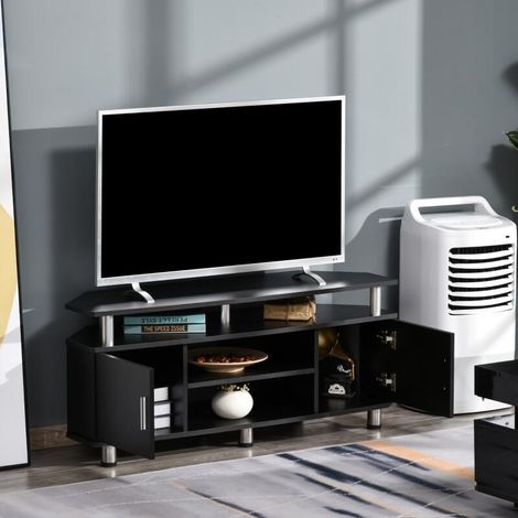 Meuble TV meuble télé bois banc TV pour téléviseur jusqu'à 55 pouces avec grand plateau, placards à portes et compartiment ouvert