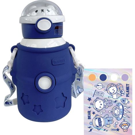 Gourde portable Kawaii avec paille, 500 ml, en acier inoxydable, isotherme, motif ours astronaute, idéale pour l'école, la salle de sport, les voyages et les pique-niques. (1/5)