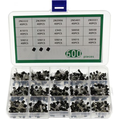 Kit con 600 transistores TO-92 (15 tipos y valores): 2N222, 2N3904, 2N3906, 2N5401, 2N5551, A1015, C1815, C945, S8050, S8550, S9012, S9013, S9014, S9015 y S9018, con caja de almacenamiento portátil. (1/5)