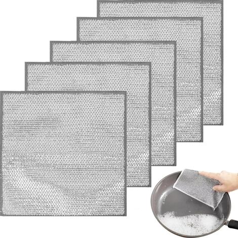 (bicouche) 5 pièces Chiffons à Vaisselle torchon Multifonctionnel en Fil métallique Anti Rayures, Chiffons à Vaisselle en Fil métallique Double Couche, torchons en Microfibre (1/5)