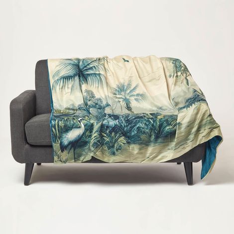 HOMESCAPES Blue Palm Sepia Throw, 130 x 170cm