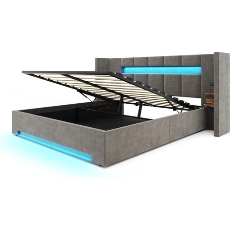 Cama canapé de terciopelo gris oscuro 160x200 cm con LED USB y almacenaje (1/5)