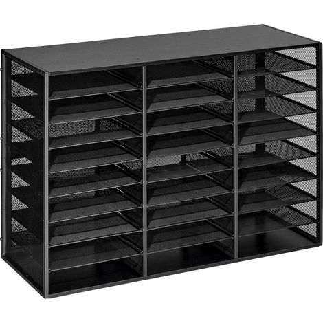 Organisateur de bureau métal avec 27 compartiments, boîte aux lettres détachable, rangement bois pour fichiers et documents, noir (1/5)