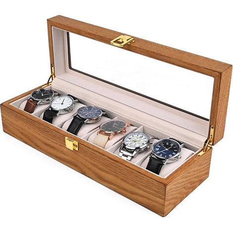Boîte à montres portable vintage en acajou avec fenêtre en verre, pouvant contenir 6 montres (1/3)