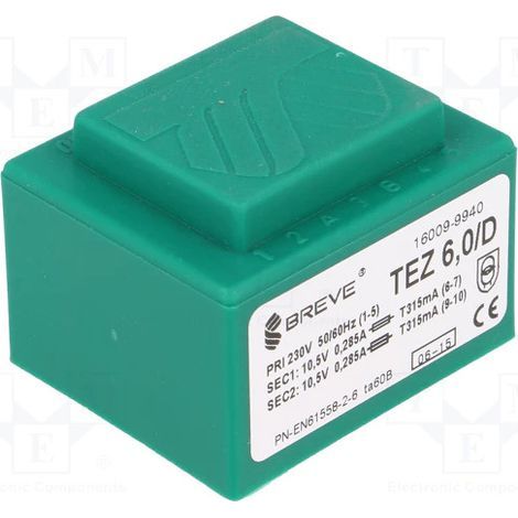 Transformateur encapsulé Sortie 10.5v+10.5vac 6va Entrée 230v Tez6/d/10.5-10.5v (1/2)