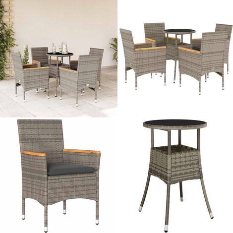 5-tlg. Garten-Essgruppe mit Kissen Grau Poly Rattan und Glas - Gartengruppe - Gartenmöbelset - Esstisch - Gartenstühle - Outdoor Möbel - Home & Living
