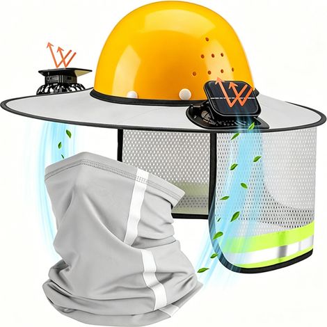 Un casque à large bord avec pare-soleil et ventilateur, équipé d'un cache-cou élastique, d'un pare-soleil, de bandes réfléchissantes et d'un ventilateur intégré accessoires pour casques de sécurité. (1/5)