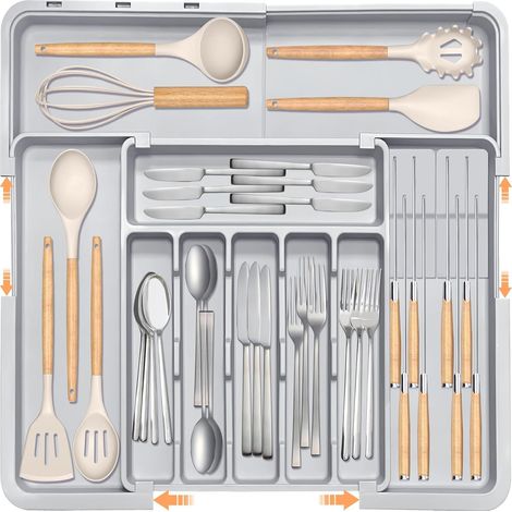 Range Couverts Extensible pour Tiroir Cuisine avec 2 Blocs de Couteaux Amovibles et 9 Compartiments, Organisateur Réglable, Gris (1/5)
