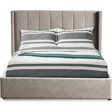Cotecosy – Lit double relevable 180x200cm – Velours taupe – Tête de lit capitonnée – 12 lattes en bois – Hauteur 110cm – Espace de rangement intégré