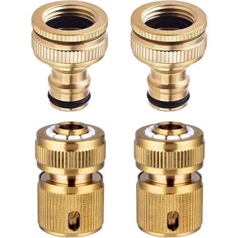 Lot de 4 Connecteur, Laiton massif, Robinet 2 en 1, Raccord tuyau d'arrosage, Connexion rapide, Jardin (1/5)
