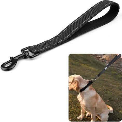Correa corta y resistente para perros, color negro, con asa acolchada y mosquetón metálico, 35 cm, doble nailon. (1/4)