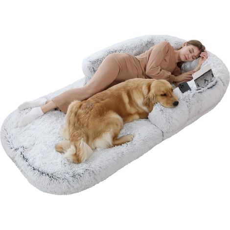 Lit de Chien pour Humains XXL Peluche Fausse Fourrure Poils Longs – Panier Géant Extra Large Canapé Partagé Maître et Animal – Coussin Chien Chat Grand Format Oreiller Relevé Gris Clair Intérieur Hive (1/3)