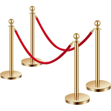 Poteau de délimitation, lot de 4 barrières avec 2 cordes en velours rouge, poteau en acier inoxydable doré de 1,5 m, base creuse lestée de sable, idéal pour théâtre, fête, mariage, exposition. (1/5)