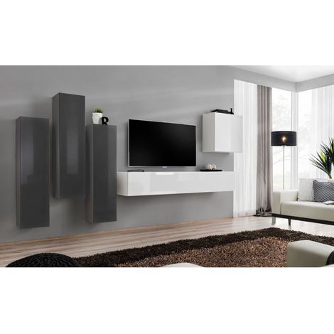 Ensemble mural - Switch III - 3 vitrines verticales - 1 banc TV - 1 vitrine carrée - Blanc et graphite - Modèle 2 - Livraison gratuite