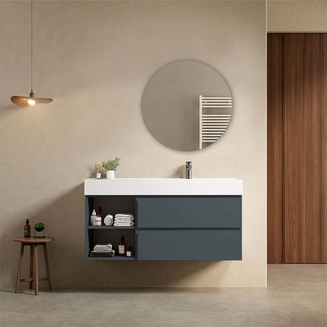 Mobile bagno sospeso 120 cm Blu Mare Lavabo a Destra in Resina Specchio Tondo - Fiji Paint Plus (1/4)