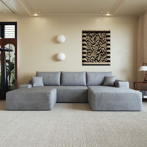 Canapé modulaire sans montage 270cm, sofa d'angle L avec méridienne, assise profonde, gris, pour salon, chambre ou appartement, tissu compressé, moderne. (1/5)