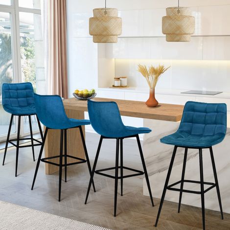 Lote de 4 taburetes de bar MADY de terciopelo azul