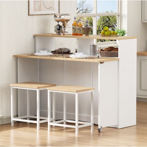 MEUBLIV Îlot de cuisine sur roulettes blanc 110x34-68x97,5 cm avec 2 tabourets pliants (1/5)