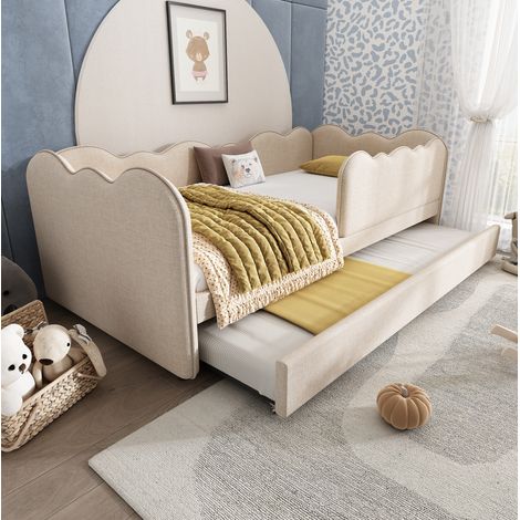 Bett Daybed Wolkenform 90x190 cm Beige, Leinenstoff, mit Ausziehbett und Lattenrost (1/5)