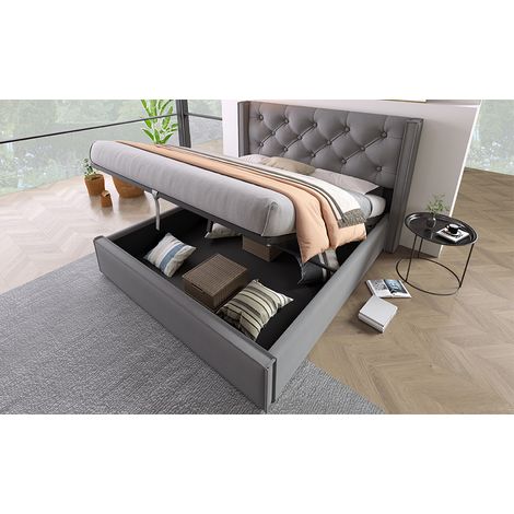 Polsterbett 140x200 cm aus grauer Baumwolle mit Stauraum, ohne Matratze – MEUBLIV (1/5)
