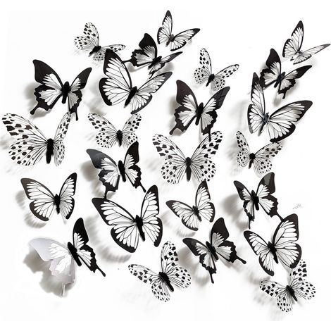 24PCS 3d simulation en trois dimensions noir et blanc motif papillon stickers muraux événement fête salon chambre armoire décoratif stickers muraux (1/5)