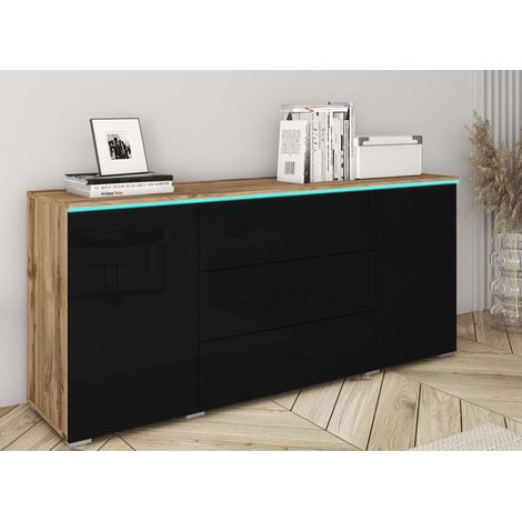 Deco In Paris – Buffet commode 2 portes 3 tiroirs chêne et noir avec éclairage LED – Dimensions 150x39.5x68 cm – Rangement pratique et design moderne (1/5)