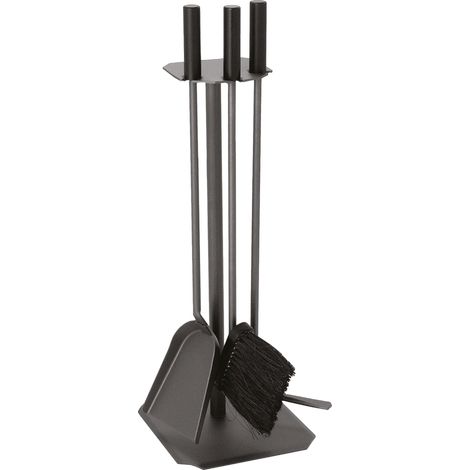 Serviteur de cheminée anthracite 3 pièces avec poignées bois noir