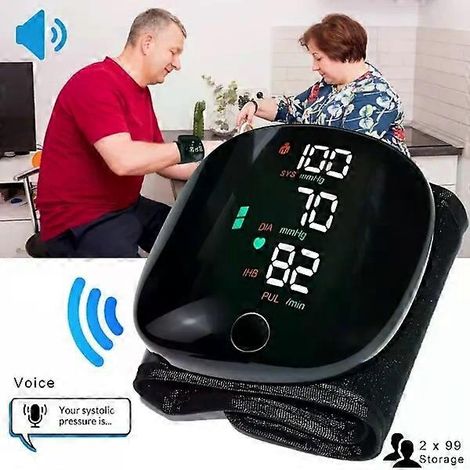 Tensiomètre de poignet, LED, rechargeable, fréquence cardiaque, instructions vocales (1/5)