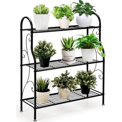 Goplus – Support pour plantes 3 niveaux en fer noir – Étagère imperméable avec pieds réglables – Dimensions 72x25x85 cm – Pour intérieur et extérieur (1/5)