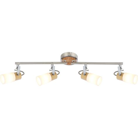 Spot barre plafonnier bois lumière spot spot salon, 4 spots flammes mobiles métal bois argent marron opale, 4x LED 4 watts 400 lumens blanc chaud, PxHxL 10x14,5x60 (1/2)