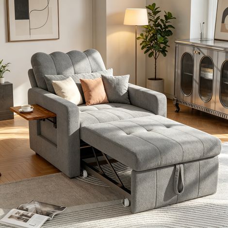 JOOKGBD-3-in-1 Schlafsofa Schlafsessel mit Bettfunktion, 5-stufig verstellbare Rückenlehne, Klapptablett, Kissen und Seitentasche, Chenille Schlafcouch für Gästezimmer & kleine Räume, Grau