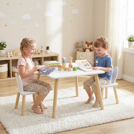 Ensemble table et 2 chaises enfant design scandinave motif oreille de lapin pin blanc (1/5)