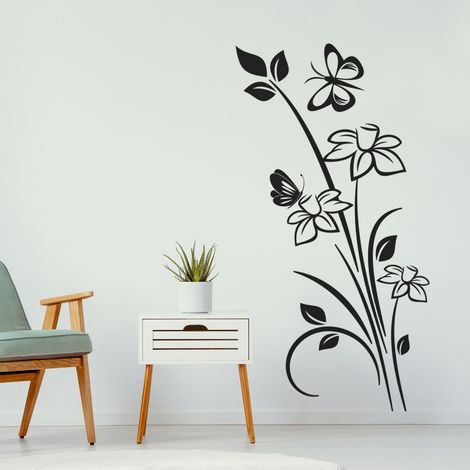 Sticker Mural - Fleurs Papillon - 17x40 cm - Noir (1/3)