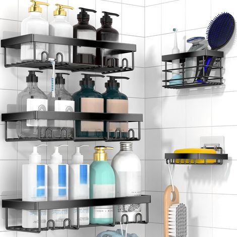 Shower Caddy - Corner Wall Mounted Adhesive Storage Shelf - Stainless Steel - For Bathroom Kitchen RV - 5 Pack (1/5)