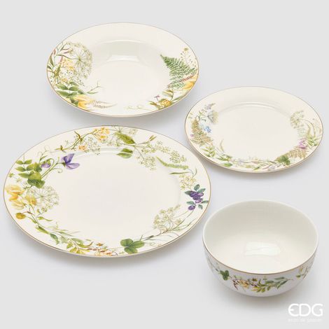 EDG Enzo De Gasperi Set Piatti Fiori Mix Fondi, Piani, Frutta, Ciotole 24 Pz Giallo Verde