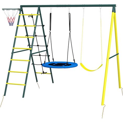 Kinderschaukel-Set 4 In 1 Schaukelgerüst Mit 2 Schaukeln, Basketballkorb, Kletterleiter, Stahl, Gelb, Für 3-8 Jahre