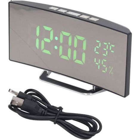 Horloge numérique LED 3 niveaux de luminosité Snooze USB alimenté par batterie miroir électronique réveil avec affichage de la température et de l\'humidité lumière verte (1/4)
