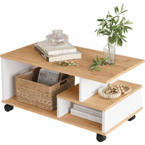 Table Basse Mobile 3 Niches Imitation Chêne et Blanc L 90 H 42.5 P 51 cm (1/5)