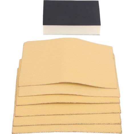 Papier de verre jaune floqué auto-adhésif, grains 80/120/240, avec bloc éponge. (1/5)