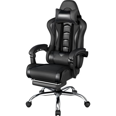 Yaheetech Sedia Gaming Ergonomica Massaggiante Reclinabile con Poggiapiedi Poggiatesta e Supporto Lombare Braccioli Imbottiti in Finta Pelle Poltrona Gamer da Scrivania con Ruote Girevole Nero (1/5)