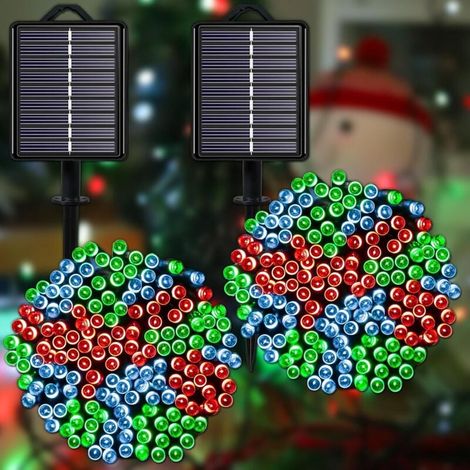 Guirnalda de luces solares (roja, azul y verde), 100 LED, 12 metros, 8 modos, ideal para decorar jardines, árboles y patios al aire libre (2 unidades) (1/4)