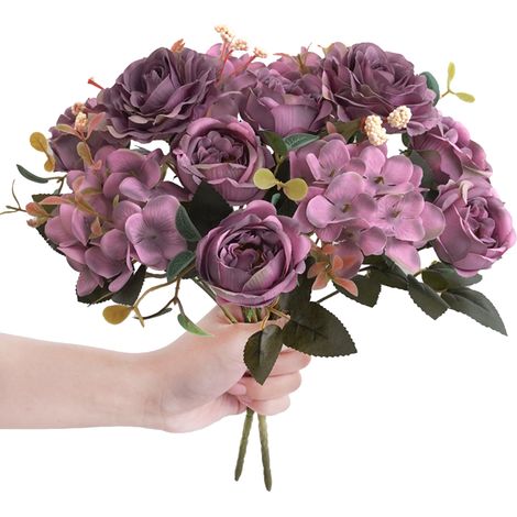 Strauß aus 2 künstlichen Seidenrosen, kreatives Tischgesteck, Wohnzimmerdekoration, lila (1/3)